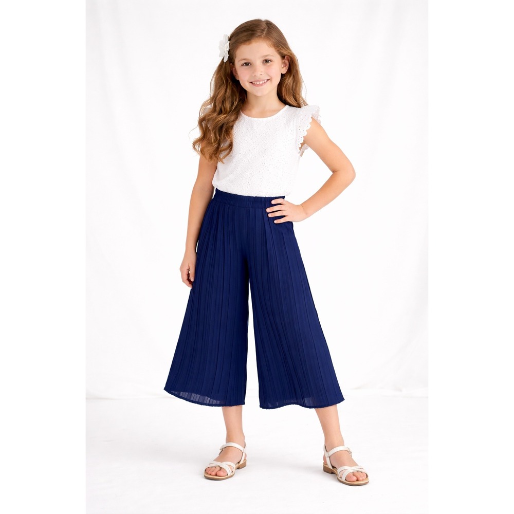 Allen Solly Girls Navy Blue Pleated Wide Leg Culottes Pants Size 9-10Y